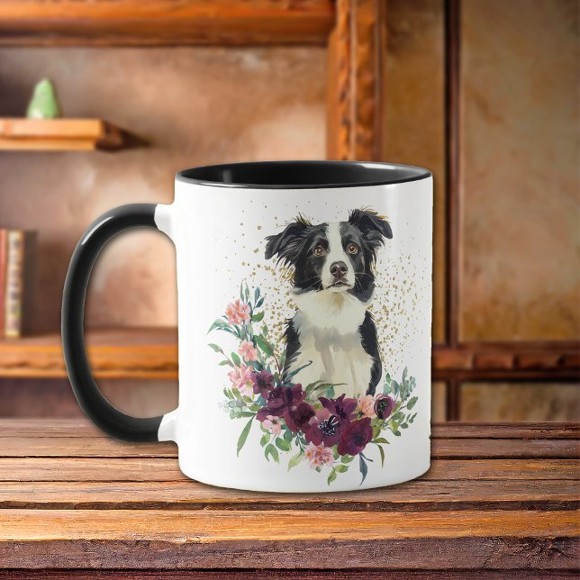 Mug Crimson Floral Bouquet Bordure Collie Chien (Créateur téléchargé)