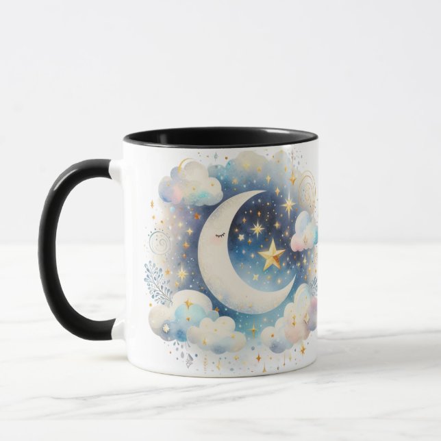 Mug Croissant de Lune Céleste Bleu et Blanc Bohème Mod (Gauche)