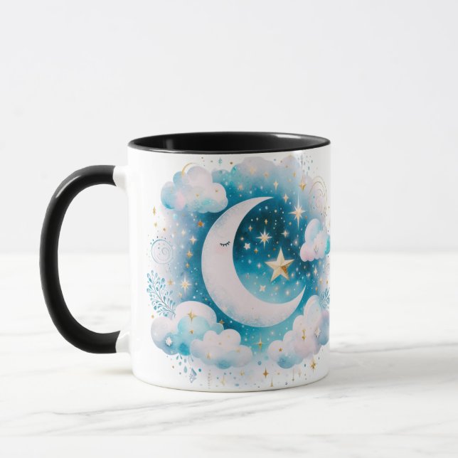 Mug Croissant de Lune Céleste Bleu et Blanc Bohème Mod (Gauche)