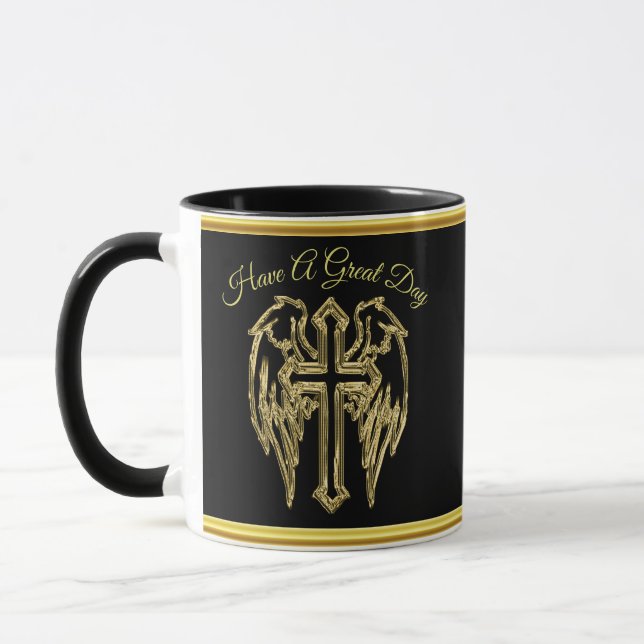 Mug croix catholique en feuille d'or noir avec ailes (Gauche)