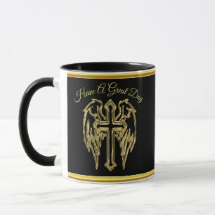 Mug croix catholique en feuille noire et or avec ailes