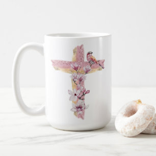 Mug Croix chrétienne avec magnolias roses