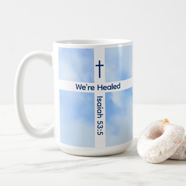 Mug Croix Chrétienne Bleue Lumière Bible Verse Guérir (Avec donut)