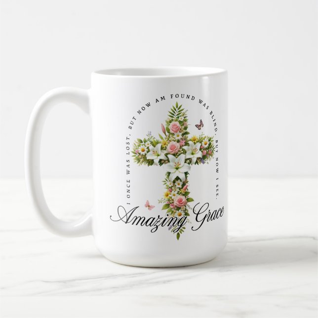 Mug Croix chrétienne florale Amazing Grace (Gauche)