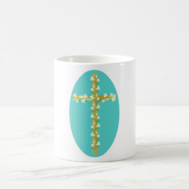 Mug Croix de Pâques élégante en or avec lis blancs (Créateur téléchargé)