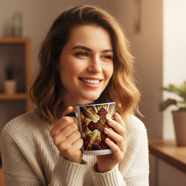 Mug Croix de style vitrail Jésus est roi café  (Créateur téléchargé)
