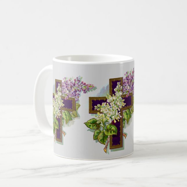 Mug Croix Violette Et Fleurs (Devant gauche)