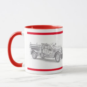 Mug croquis au crayon de camion de pompiers vintage de