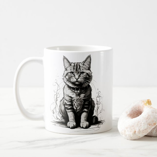 Mug Croquis au crayon de chat mignon (Avec donut)