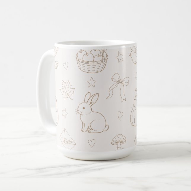 Mug Croquis Marron Crème Paniers Oiseaux Lapins (Devant gauche)