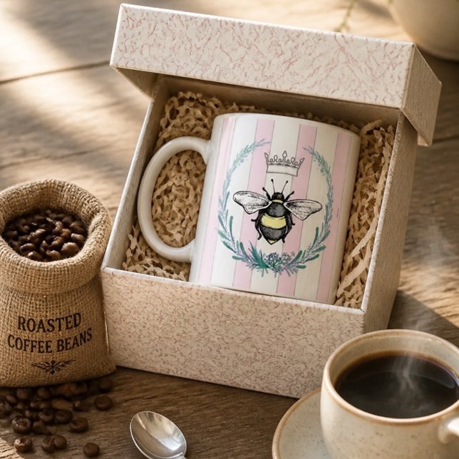 Mug Crown Bee en Couronne | Rayures Roses et Blanches  (Créateur téléchargé)