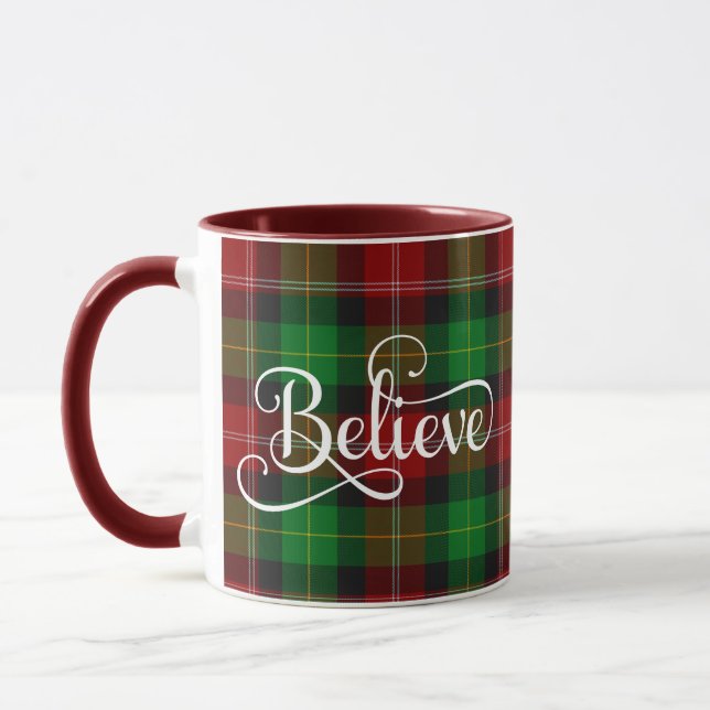 Mug Croyez Blanc Script Rouge Vert écossais Tartan (Gauche)