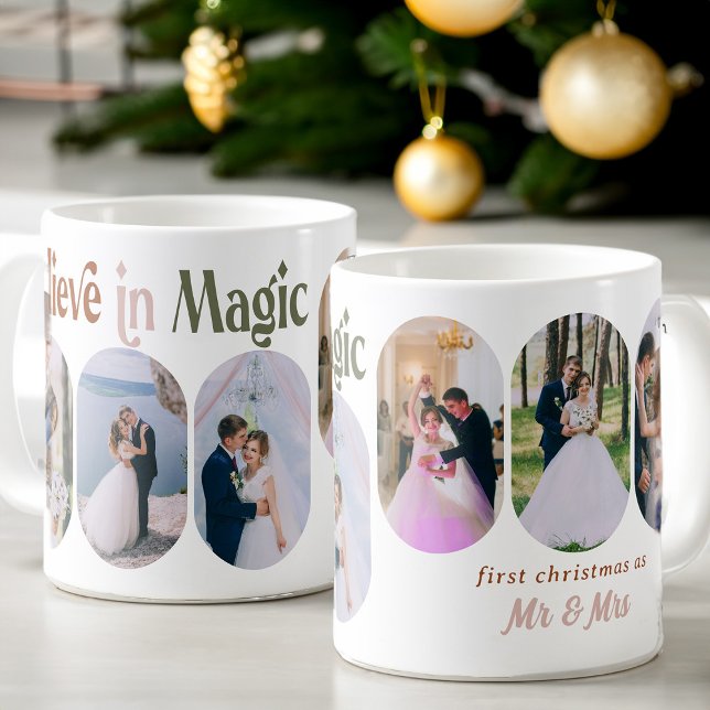 Mug Croyez en Magic 6 Roundé Lozenge Photo Newlyved (Believe in Magic First Christmas Married from my Rounded Lozenge Photo Collage collection)