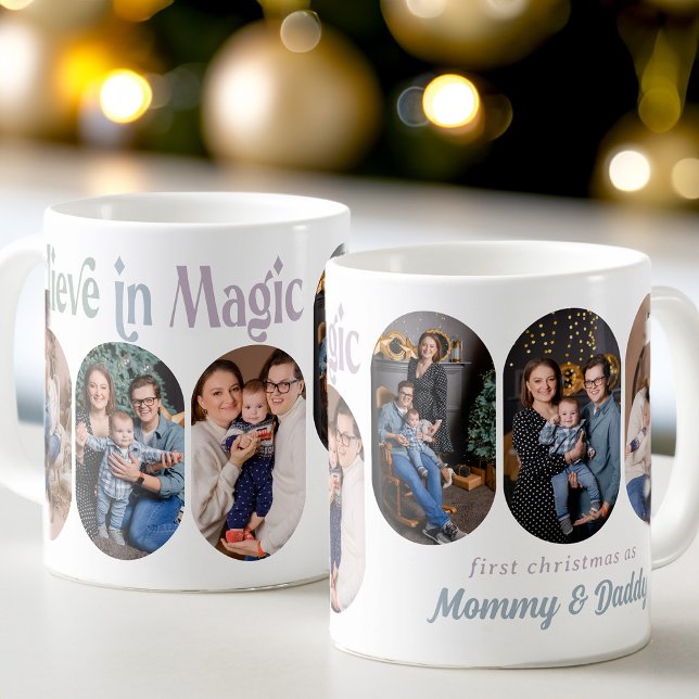 Mug Croyez en Magic 6 Roundé Lozenge Photo Nouveau béb (Believe in Magic First Christmas New Parents 6 photo mug - Rounded Lozenge Photo Collage collection)