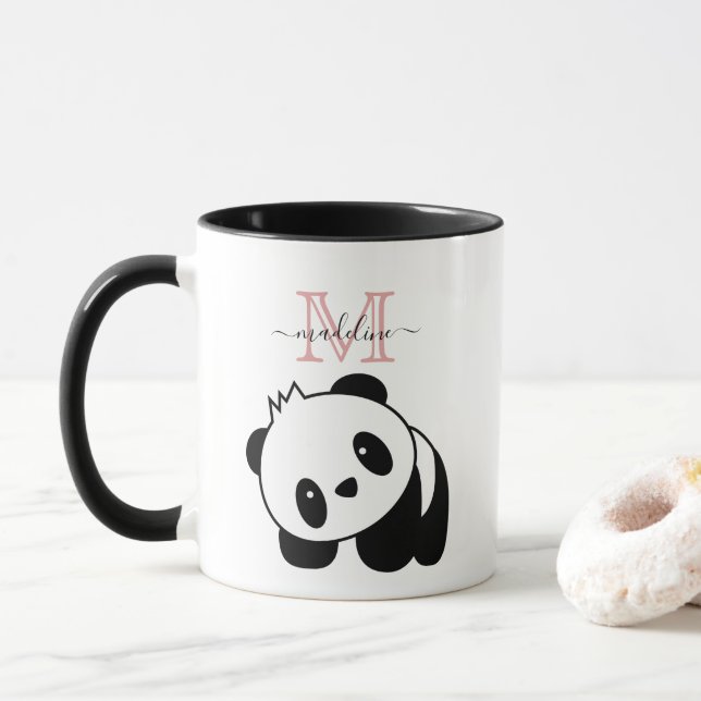 Mug Cuisine Blanc Noir Panda Moderne Rose Monogramme M (Avec donut)