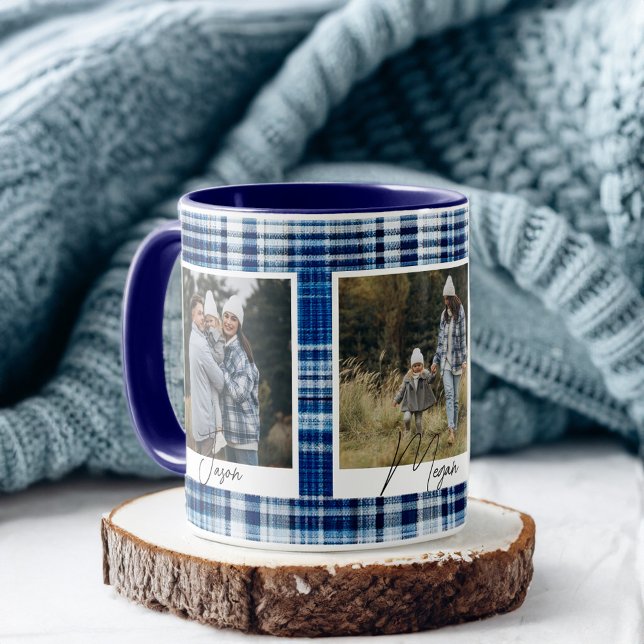 Mug Cuisine bleu et blanc en tissu plaid Photos de fam (Cozy Blue and White Plaid fabric Family Photos Mug)