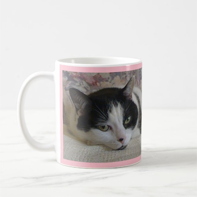 Mug Cuit Blanc Noir Chat Photo Monogramme Nom Rose (Gauche)
