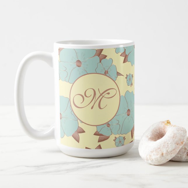 Mug Cuivre Pale Turquoise Floral sur Pastel jaune (Avec donut)