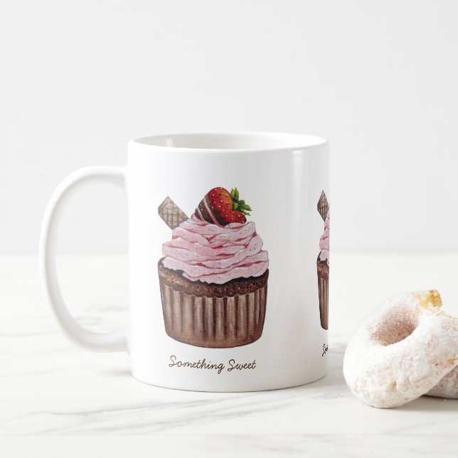 Mug Cupcake Aux Fraises Coupée En Aquarelle  (Avec donut)