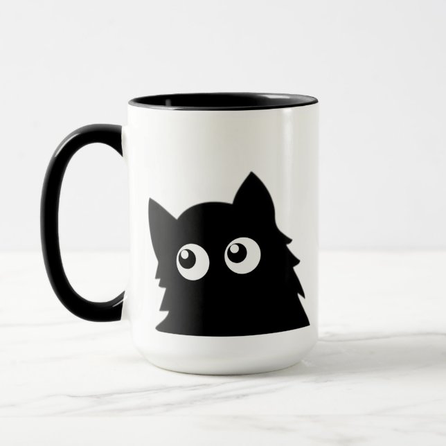 Mug Curious Black Cat Cute Minimal Cat Design (Gauche)