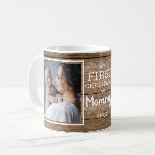 Mug Custom 2 Photo Maman Premier Noël Bois rustique (Devant gauche)