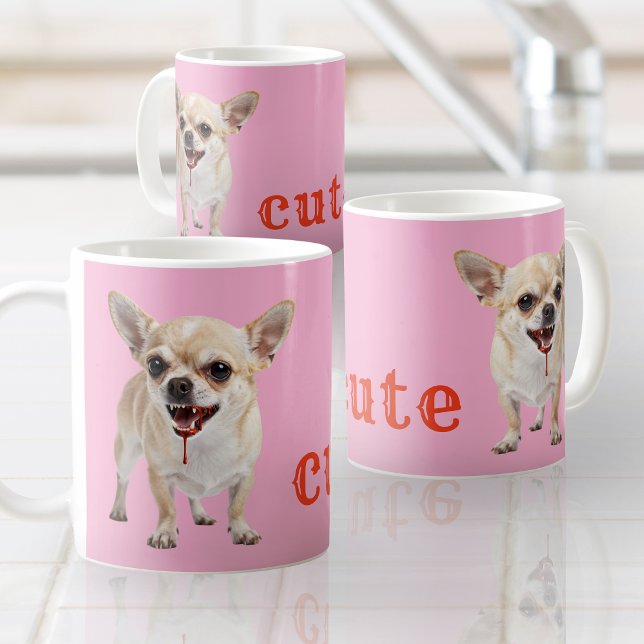 Mug Custom Cute Chihuahua Aggro Nasty Vicious (Funny Cute Chihuahua with scary bloody teeth. Sweet irony! Design by Renate Kriegler for Chimigos.)
