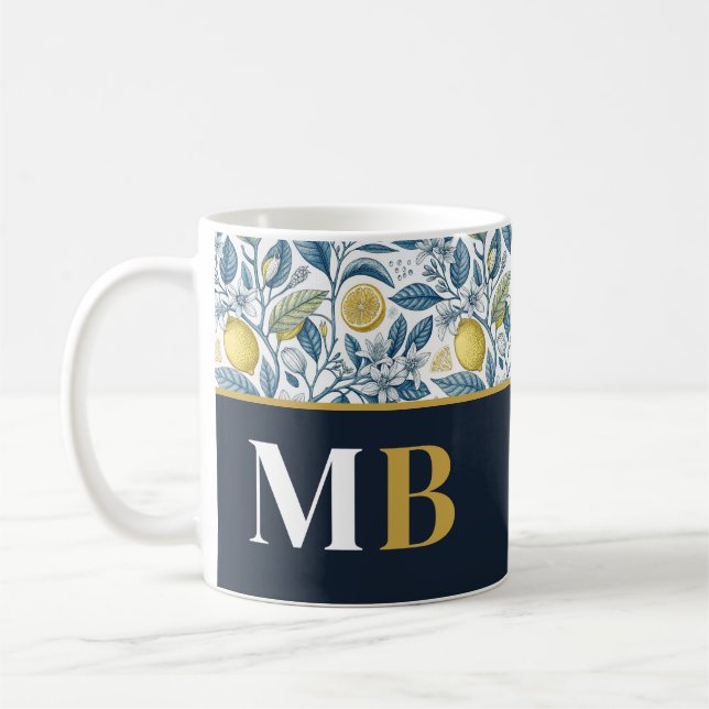 Mug Custom Elegant Mediterranean Lemon Botanical Navy (Gauche)