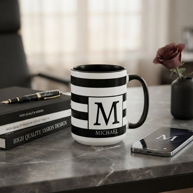 Mug Custom Monogram Initial Name Black  White Stripes (Créateur téléchargé)