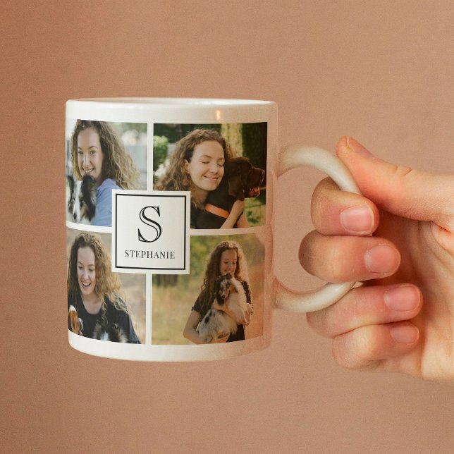 Mug Custom Monogram & Name 4 Photo Collage Grid  (Créateur téléchargé)