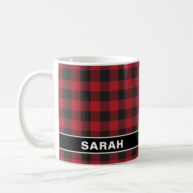 Mug Custom Name Red & Black Buffalo Plaid Tartan (Gauche)
