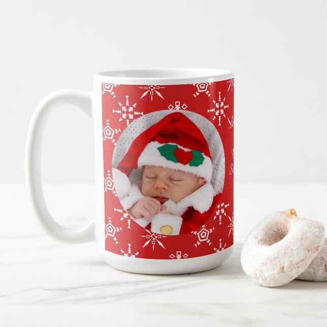 Mug Custom Photo Santa Baby Snowflakes & Red BKGRD (Avec donut)