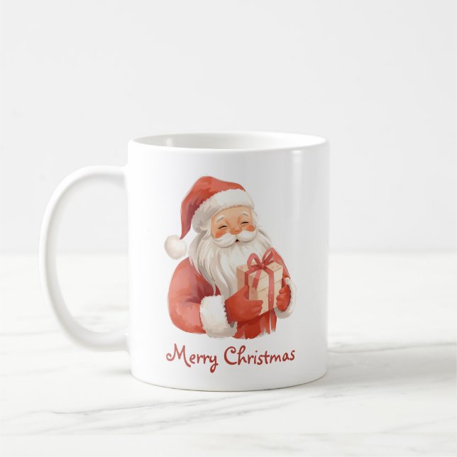Mug Custom Text Watercolor Santa Claus With Gift (Gauche)