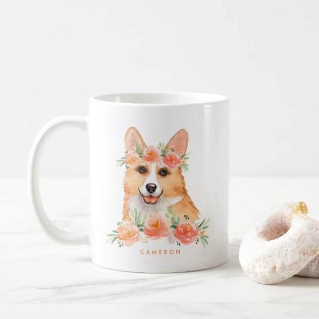 Mug Cute Aquarelle Corgi Peach Floral Personnalisé (Avec donut)