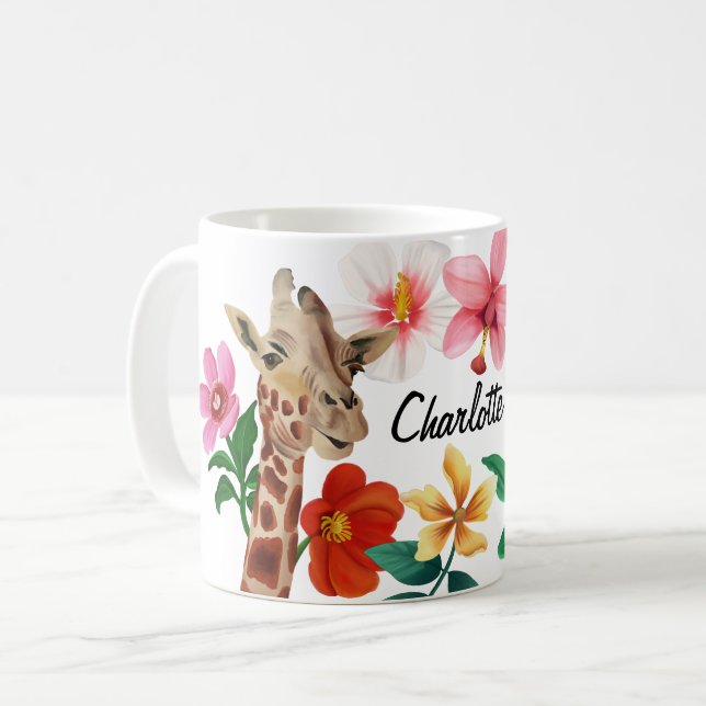 Mug Cute Aquarelle Giraffe Nom Floral (Devant gauche)
