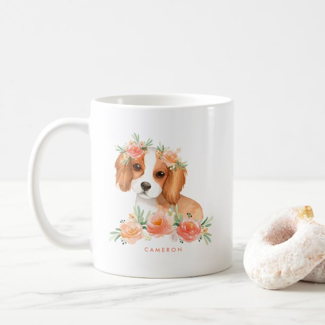 Mug Cute aquarelle King Charles Spaniel Pêche Florale (Avec donut)