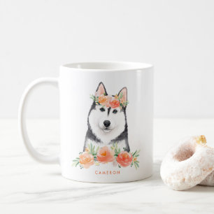 Mug Cute Aquarelle Sibérienne Husky Peach Floral
