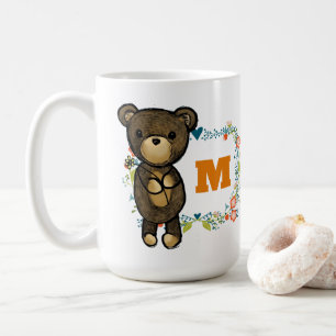 Mug Cute Bear, Yellow Flower & Floral Wreath Monogram