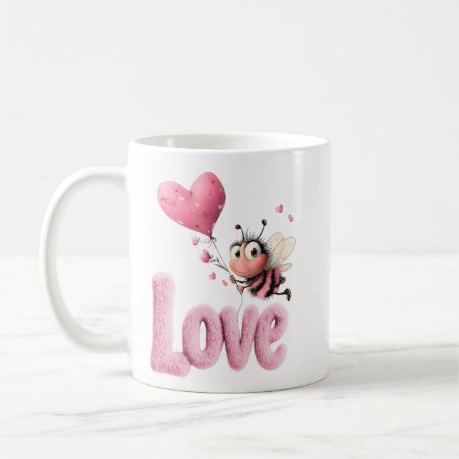 Mug Cute Bee Fluffy Pink Love Heart Balloon Design (Gauche)