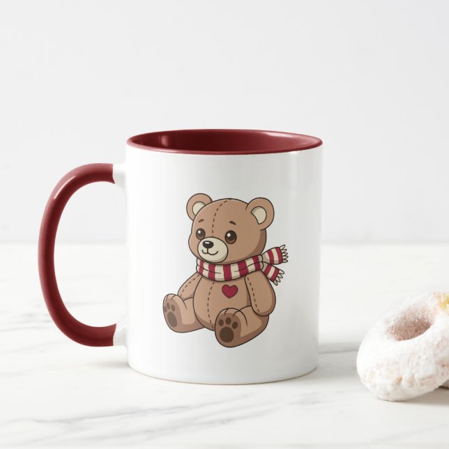 Mug Cute Beige Teddy Bear with Striped Scarf (Avec donut)