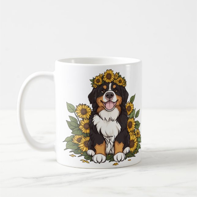 Mug Cute Bernese Mountain Dog Wearing Sunflower Crown (Gauche)