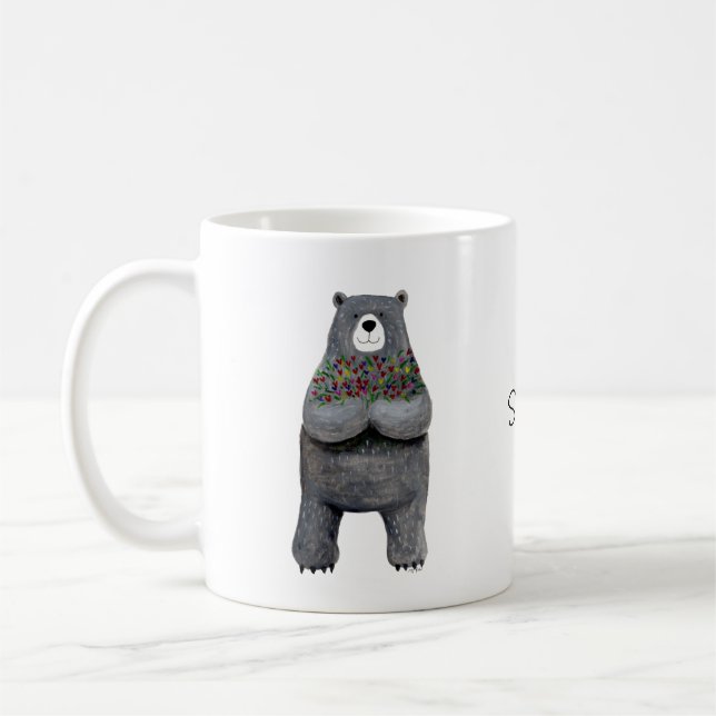 Mug Cute Big Bear with Flowers Custom Name Love Gift (Gauche)
