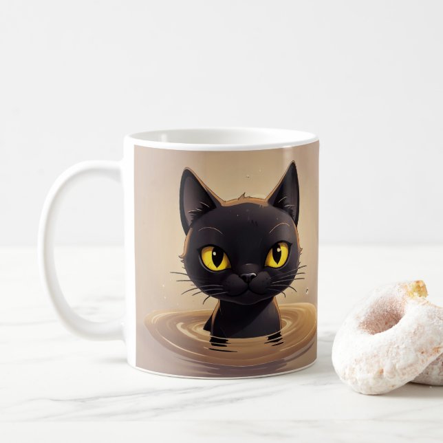 Mug Cute Black Cat Swimming Graphic Art (Avec donut)
