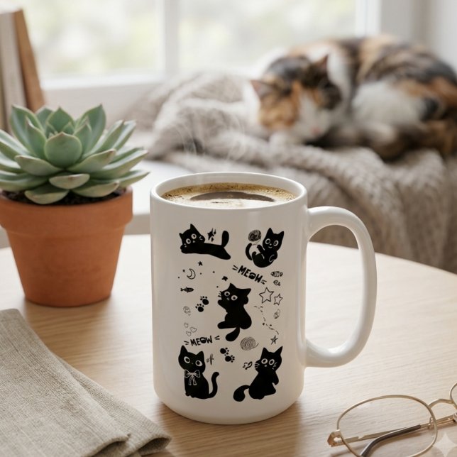 Mug Cute Black Cats Doodles Pattern Kawaii Meow (Créateur téléchargé)