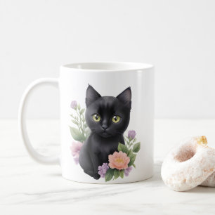 Mug Cute Black Chat Floral Whimsical