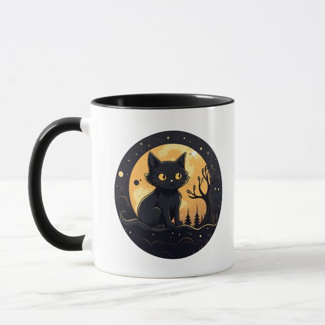 Mug Cute Black Chat Pleine lune Halloween moderne (Gauche)