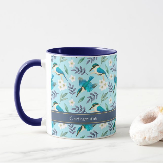 Mug Cute Blue Kingfisher Birds Nom du motif floral (Avec donut)