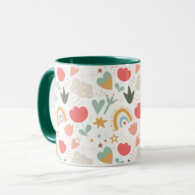 Mug Cute Boho Rainbows, Coeurs et Fleurs (Devant gauche)