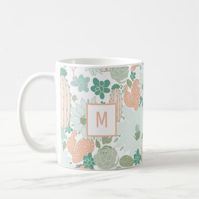 Mug Cute Cactus Coral Mint Monogram Motif (Gauche)