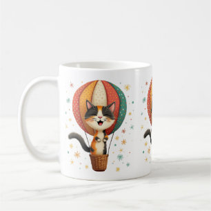 Mug Cute Calico Chat en Hot Air Balloon Whimsical Art