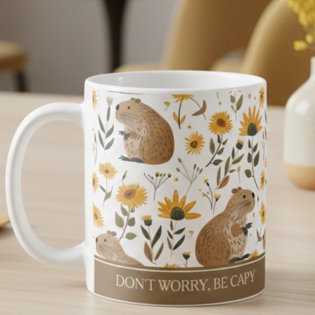 Mug Cute Capybara Inspirant  (cute capybara sunflowers inspirational mug, don't worry be happy, cozy gift for coffee drinkers)